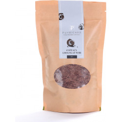 Dark chocolate chips in a bag