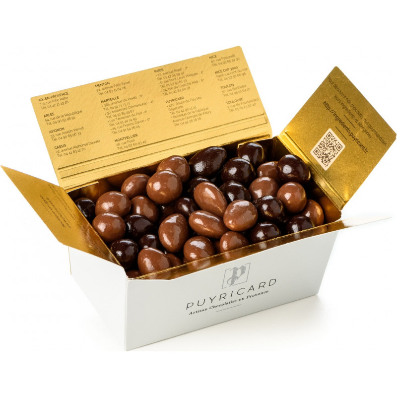 BALLOTIN BOX OF DARK OR MILK CHOCOLATE AMANDAS AND AVELINAS 250 G